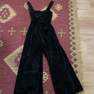 Velvet Floral Embroidered Anthro Jumpsuit w/ Tie